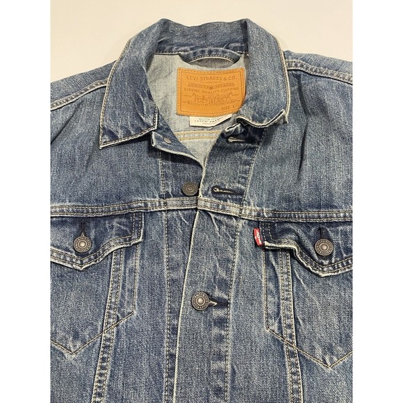 Levi's Premium Mens Blue Denim Button Jacket Pockets Size Large Big E Art Back - Picture 3 of 16